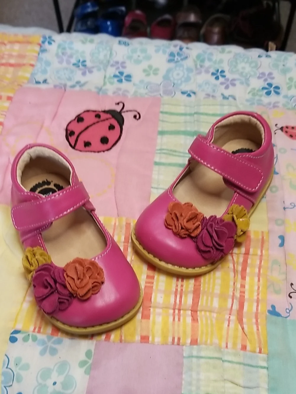 Livie & Luca Bright Pink Leather Mary Jane Shoes with Multicolor Suede Flowers 5